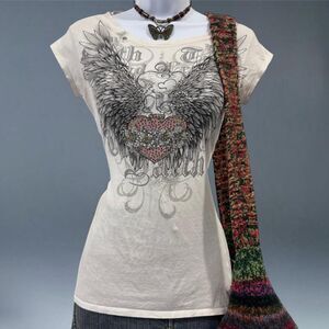 Cyber Y2K Mcbling Angel Wings Rhinestone Tattoo Love Love Lo Size Medium Grunge